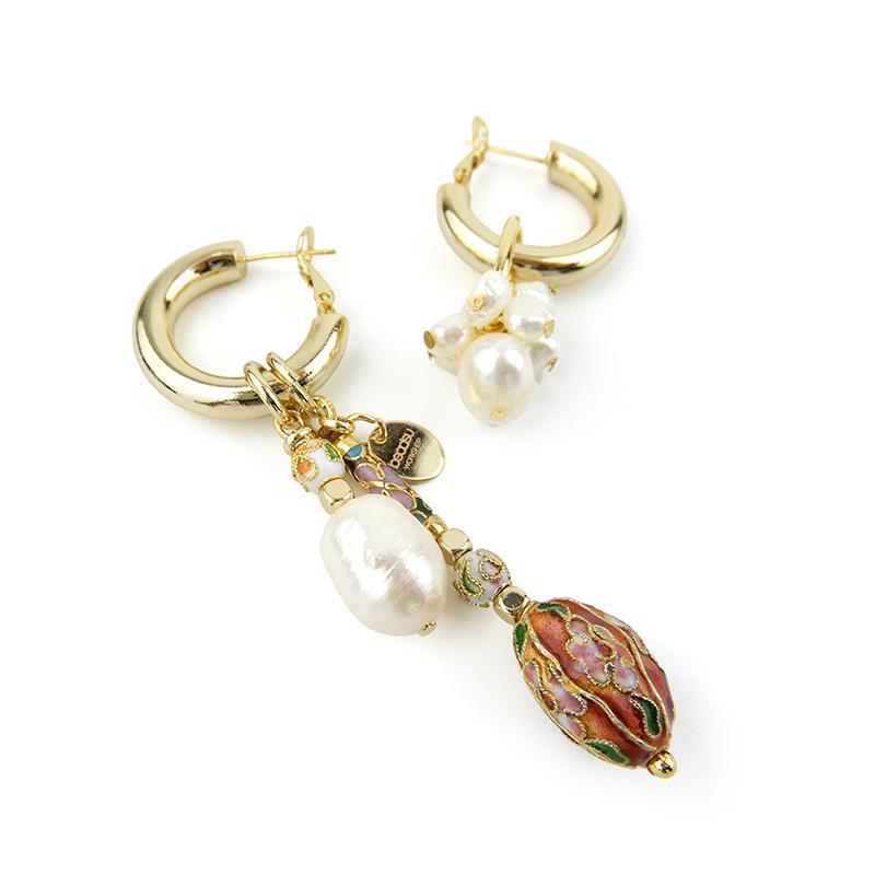 Asymmetrical Cloisonne Pearl Earrings