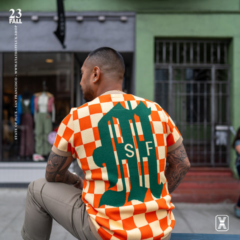 State Of Flux - Shop - Heat Up Your Closet: Inside Our Fire Fall '23 Release - Fall - '23 - Release - SOF Premium Checkerboard Knit Tee in orange and creamsicle - San Francisco - Streetwear - Knitwear - 1