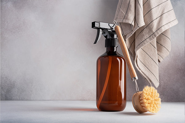 Closeup of amber-colored glass spray bottle with a cleaning brush.