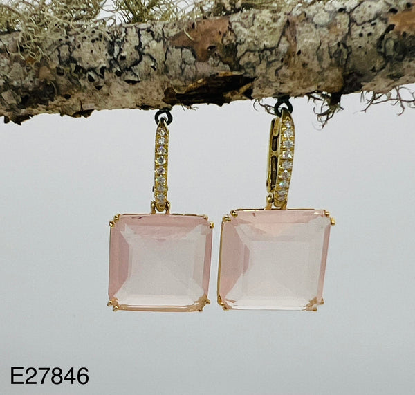 Rose Quartz Earrings Square stone with Diamonds on 18k Gold Leverbacks by John Apel