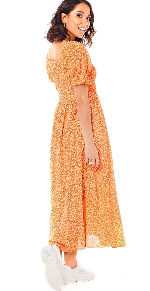 Lang kjole med små blomster og orange LikeLondon LikeLondon.com