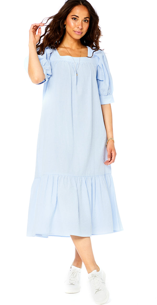 Minearbejder effektiv lige Lang kjole med striber lysblå – LikeLondon.com