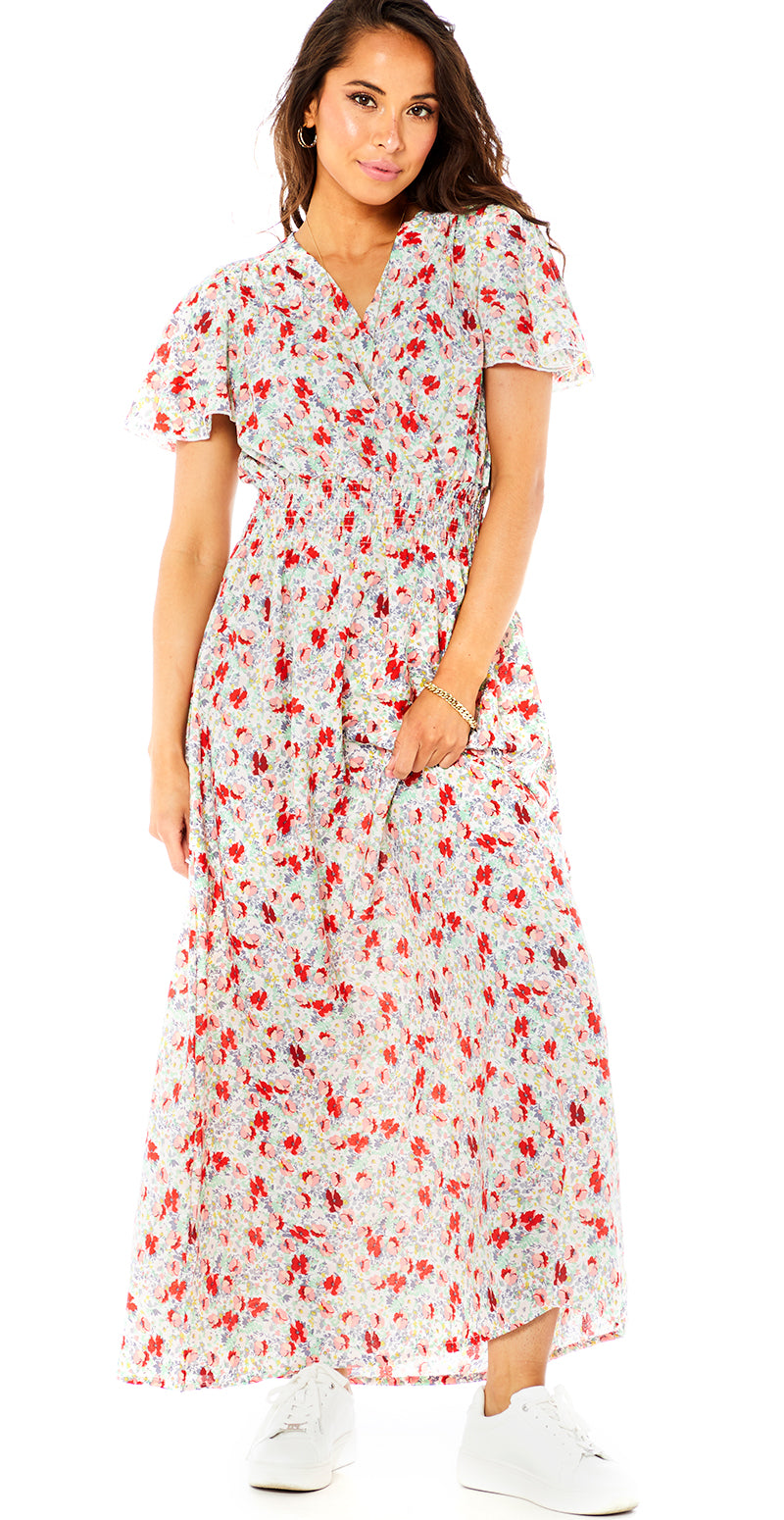 Lang blomstret kjole med v-hals og med flæser rød/hvid Likelondo – LikeLondon.com