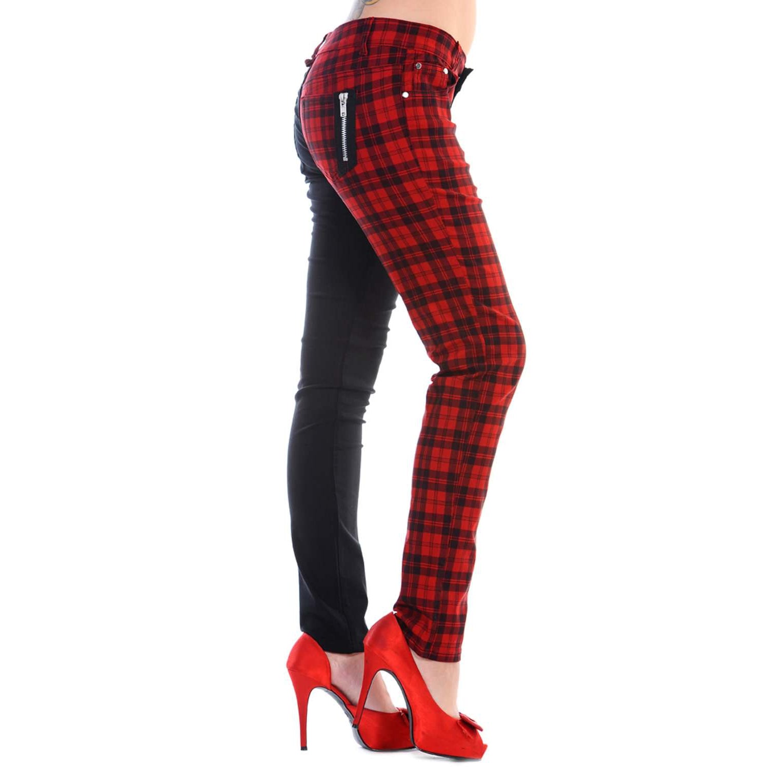 Tartan Checked Punk Rockability Skinny Plaid Trousers Red & Black -   Canada