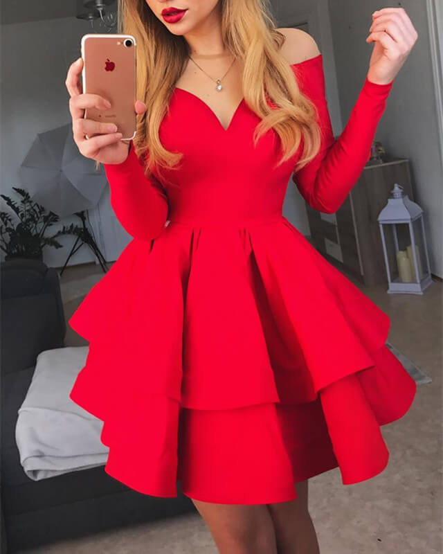Red Long Sleeve Homecoming Dress
