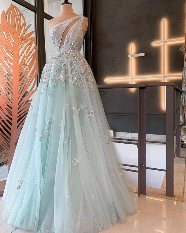 One Shoulder Sequins Lace Light Blue Prom Dresses 2022 – Lisposa
