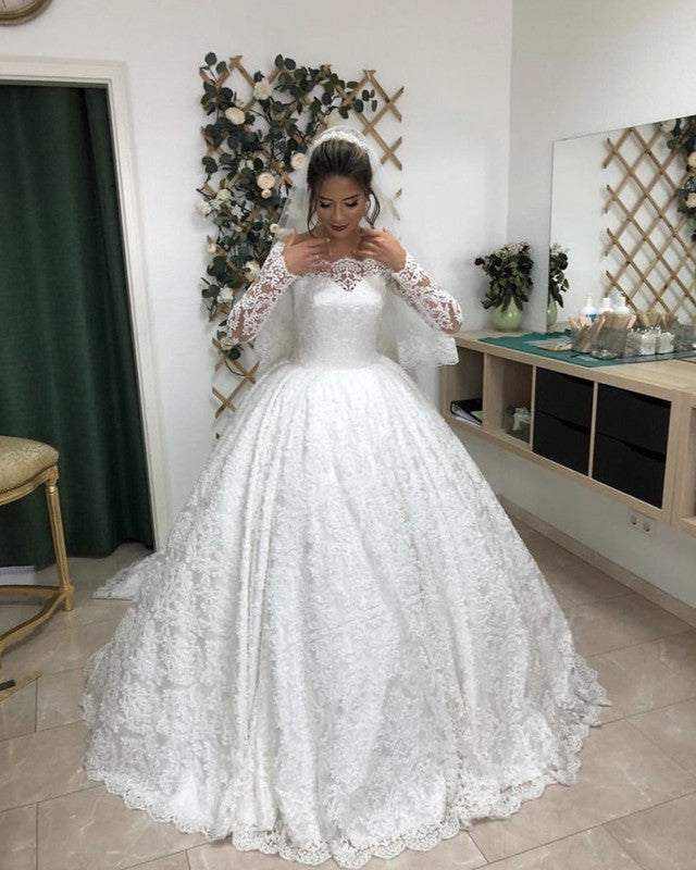 Vintage Lace Long Sleeves Wedding Dress Ball Gown Off The Shoulder ...