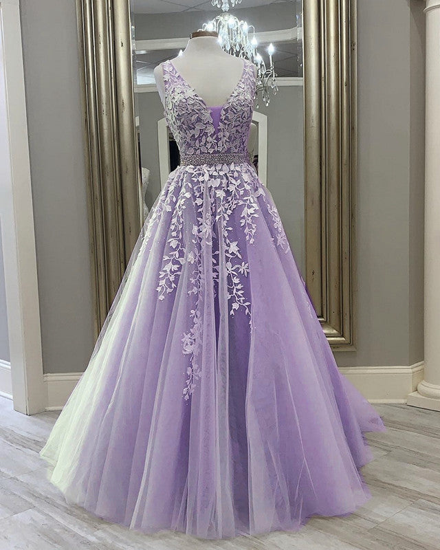 Tulle V Neck Prom Dresses Lace Embroidery Ball Gown – Lisposa