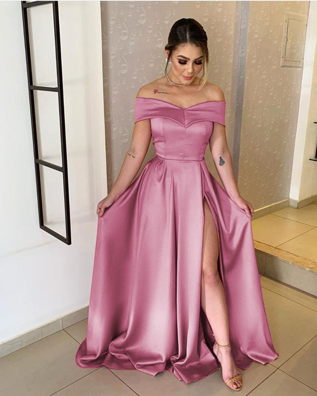 Long Sexy Prom Gowns Split Satin Off The Shoulder – Lisposa
