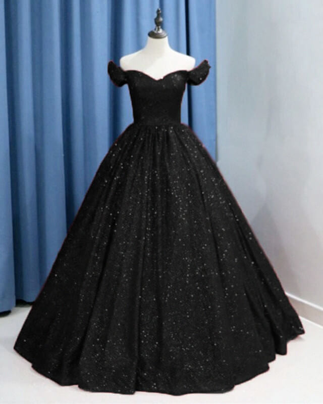 Black Sparkly Ball Gown Off The Shoulder Dress | Lisposa
