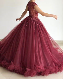 Ball Gown Ruffles Prom Dreses Sheer Lace Embroidery Top