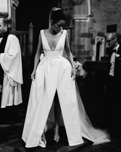 Front Slit Satin Wedding Dress Boho Style – Lisposa