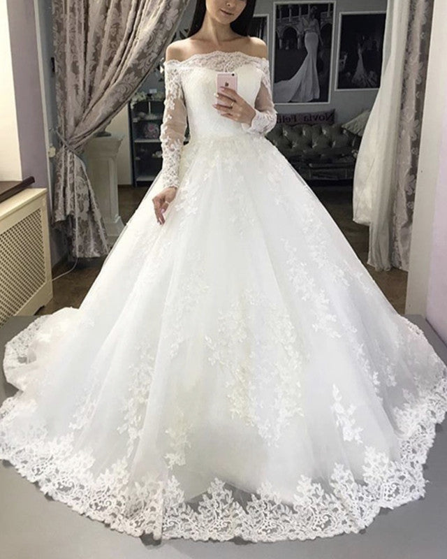 Vintage Lace Ball Gown Wedding Dress Off Shoulder – Lisposa