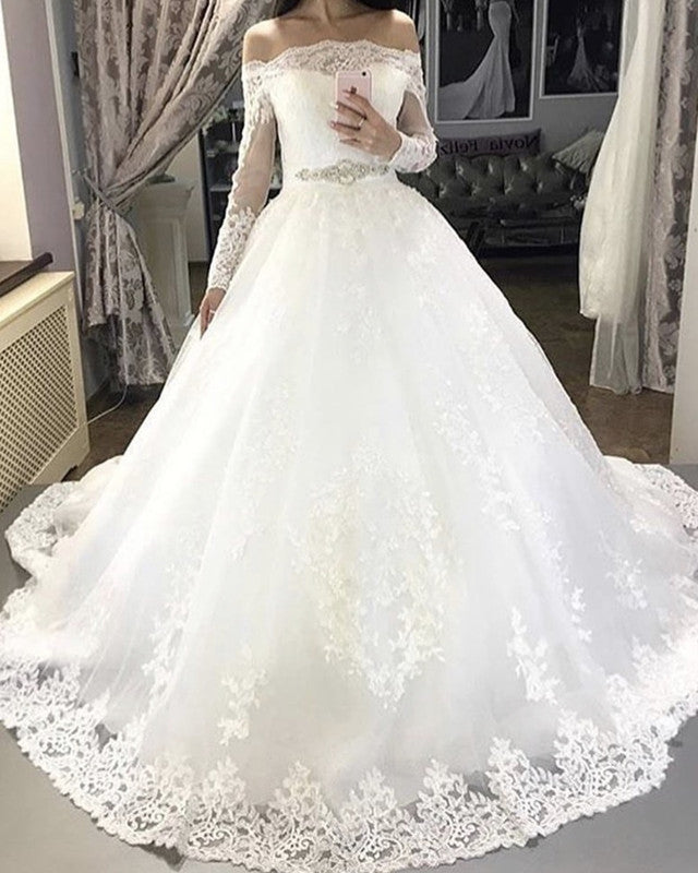 Vintage Lace Ball Gown Wedding Dress Off Shoulder – Lisposa