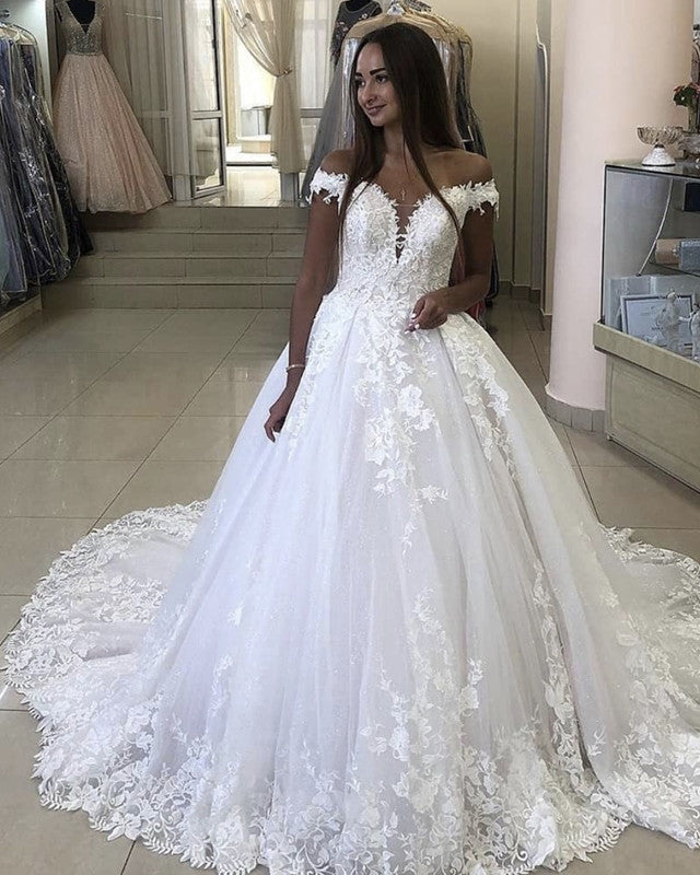 Romantic Ball Gown Wedding Dress Lace Off Shoulder – Lisposa