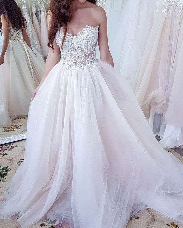 Beach Wedding Dress Lace Sweetheart See Through Corset – Lisposa