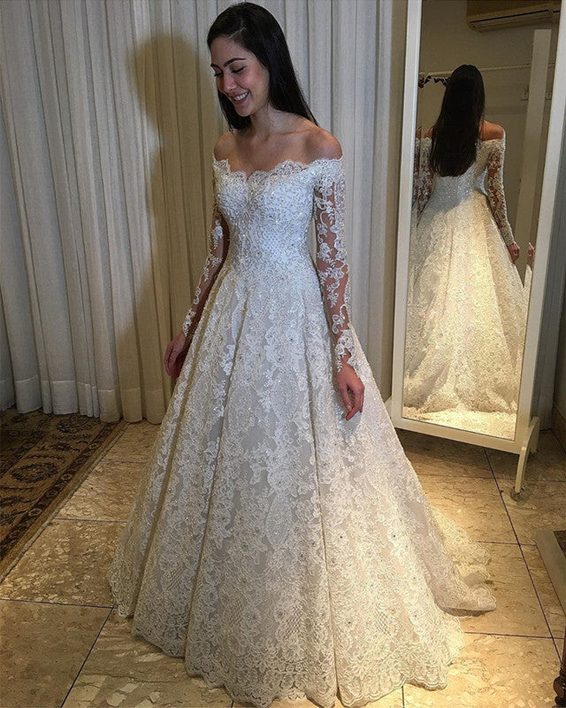 Vintage Long Sleeves Lace Wedding Dress Off Shoulder – Lisposa
