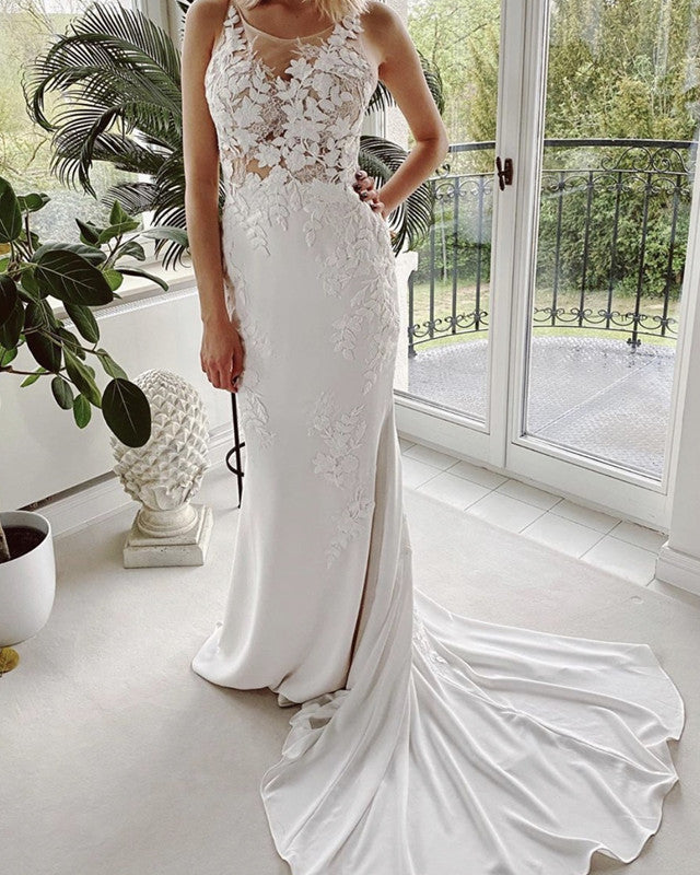 Lace Embroidery Wedding Dress Mermaid Sweep Train – Lisposa