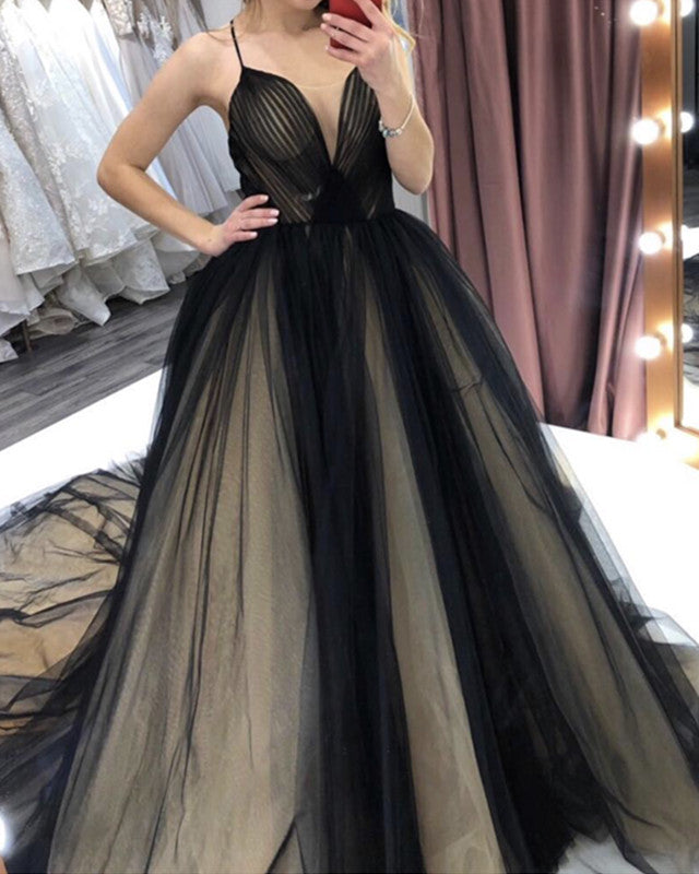 Black And Nude Wedding Dress Tulle V Neck – Lisposa