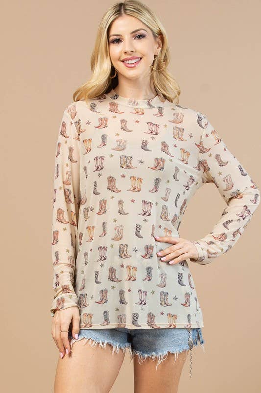 ANGIE WESTERN BOOTS PRINT SEMI SHEER MESH TOP