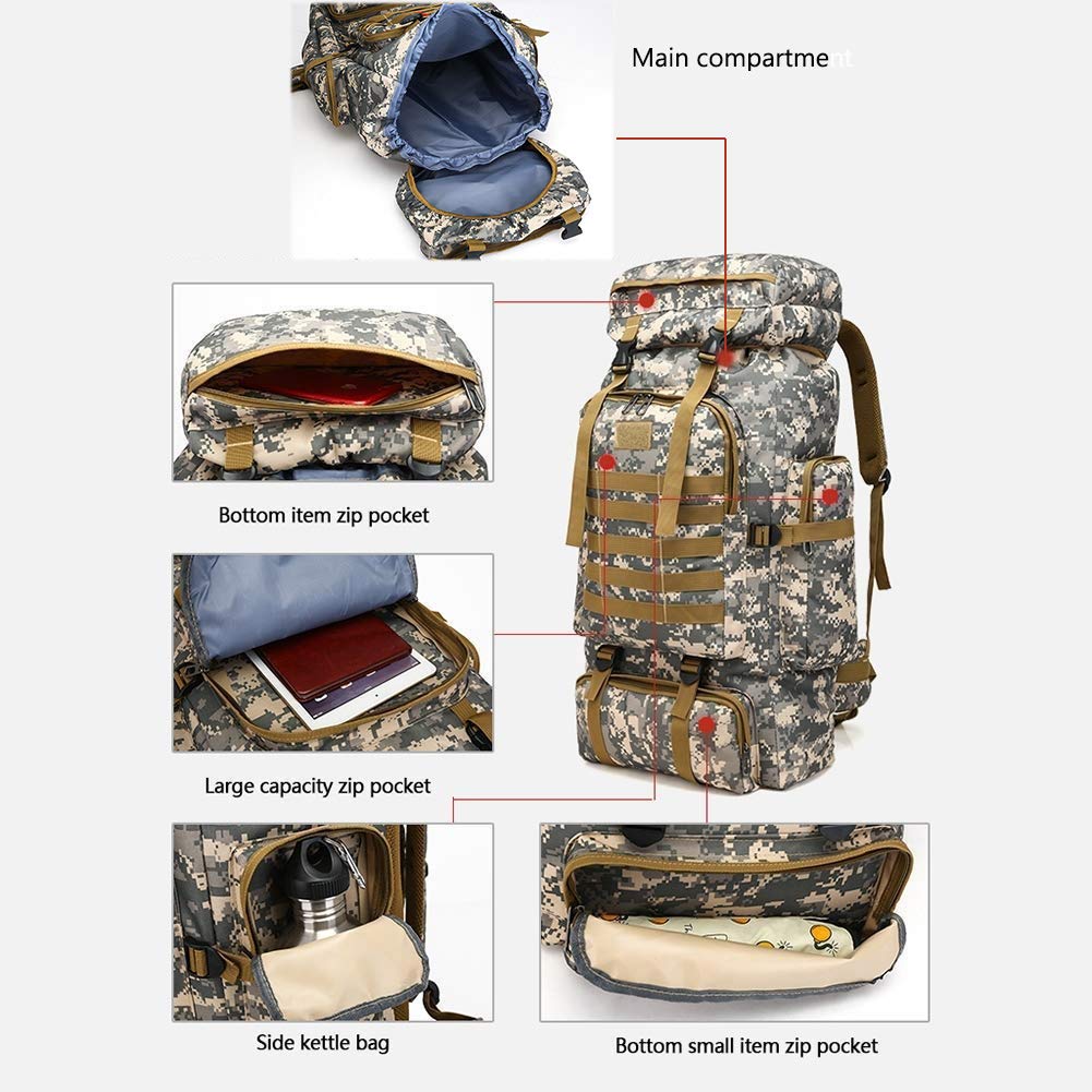 WintMing 70L Large Camping Hiking Backpack Tactical Military Molle Ruc ...