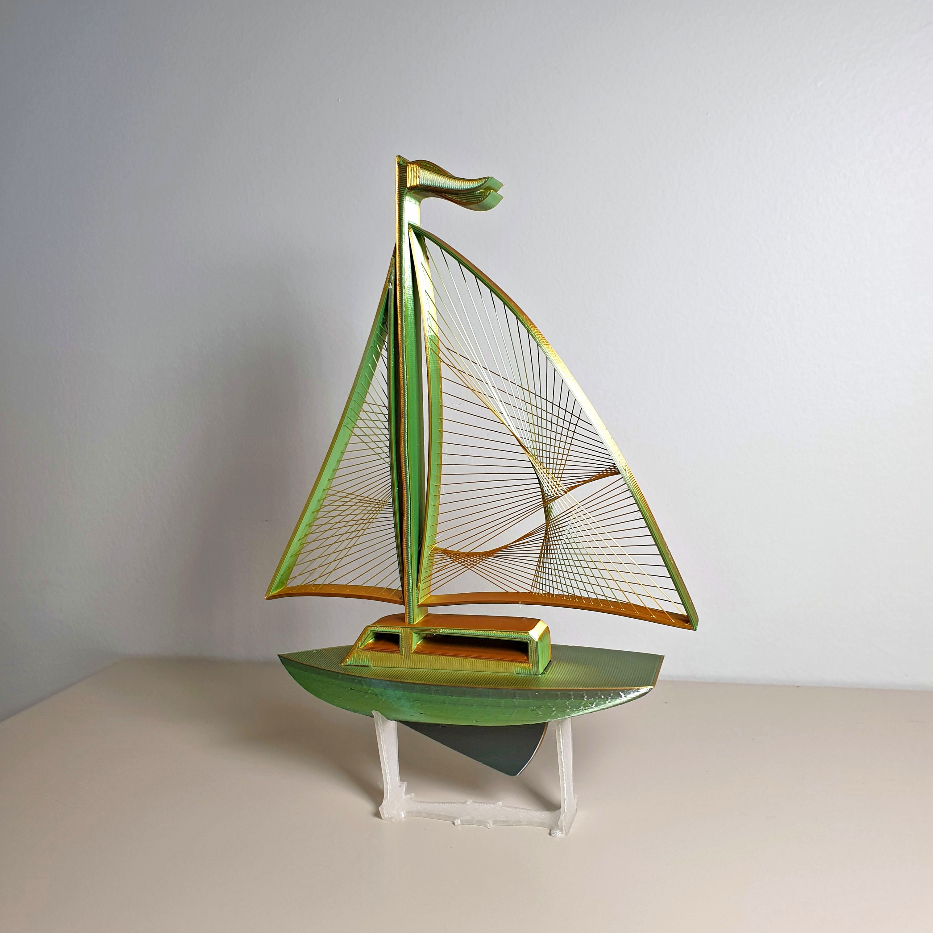 A decorative sailing boat model which can be printed without supports.