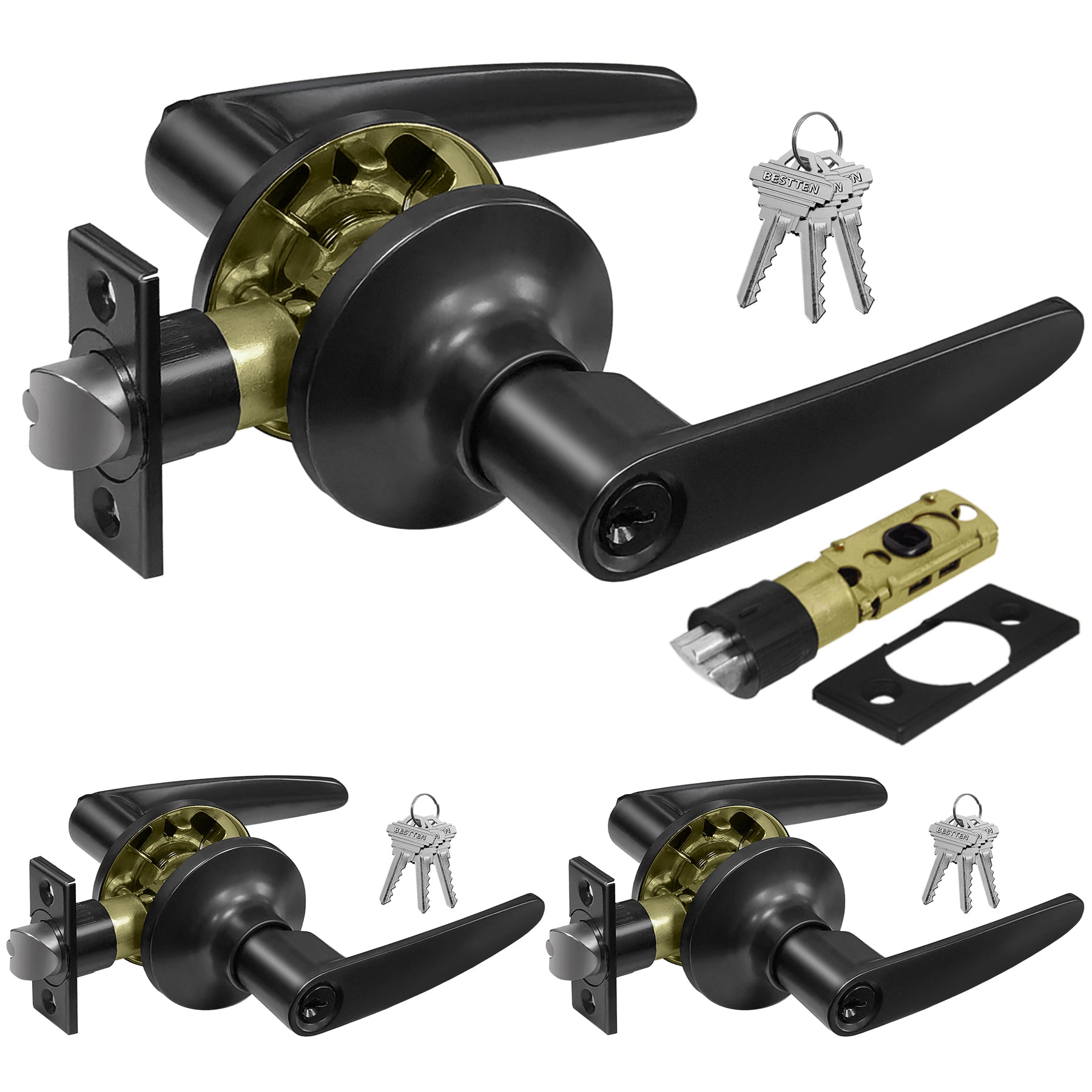 [3 Pack] BESTTEN Matte Black Straight Entry Door Lever with