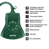 [2 Pack] BESTTEN Outdoor Weatherproof Timer Outlet with Photocell Light Sensor, 3 Grounded Outlets, Setting for ON/Off/Dusk-Dawn/ON at Dusk & 2/4/6/8 Hours Countdown, cETL Certified, Green