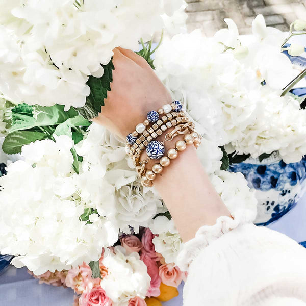 Chinoiserie & Pearl T-Bar Bracelet in Blue & White, Chinoiserie & Chunky Chain Bracelet in Blue & White, gold metal plated bead stretch bracelets