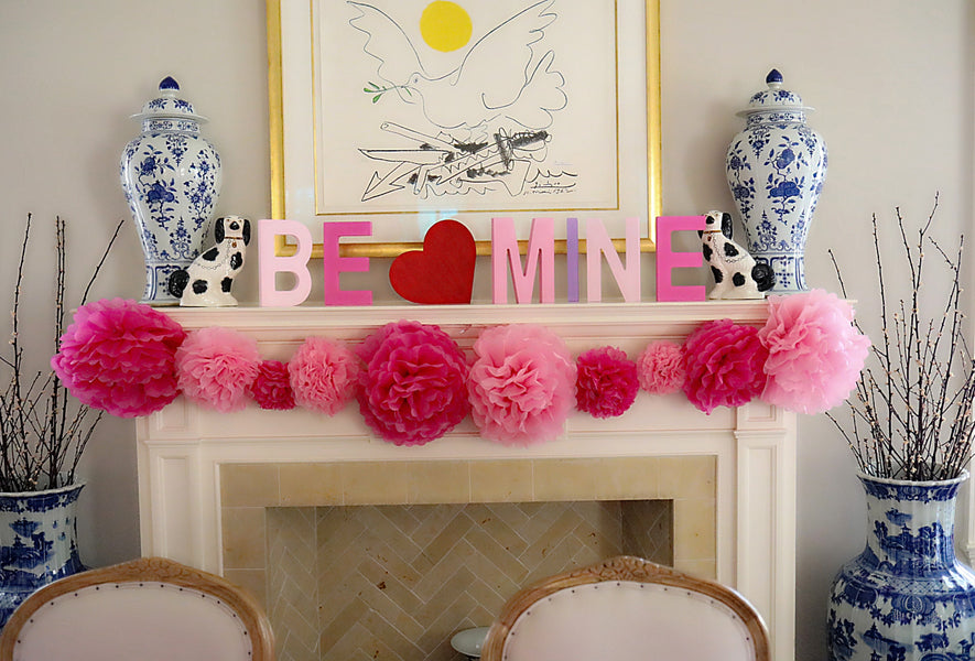 Valentine's Mantel Decor Featuring painted letters, tissue paper flowers