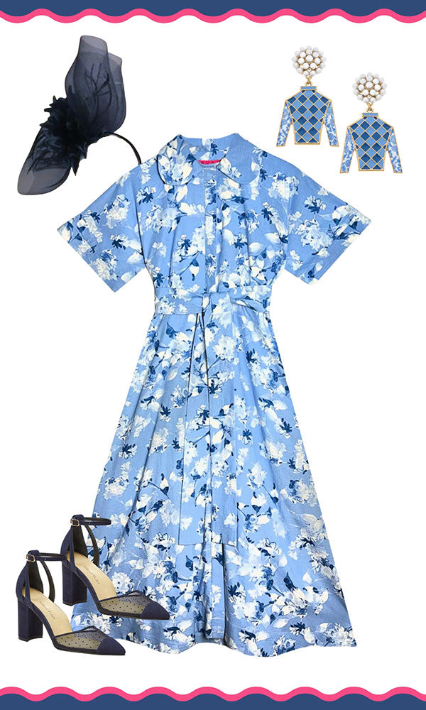 Blue Kentucky Derby Outfit  including Buru Dress, Hats off by helen hat, Canvas Style Equestrian Jewelry, Sarah Flint Shoes