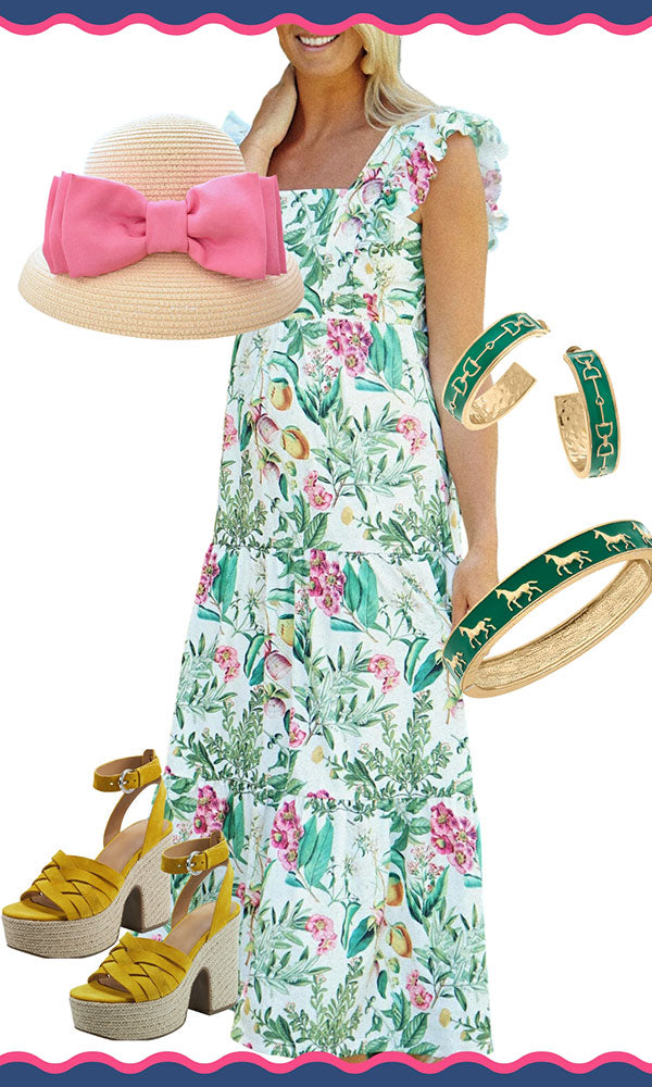 Spring floral Kentucky Derby outfit with Smith & Quinn dress, Canvas Style equestrian jewelry, Dress for cocktails hat, marc fisher platform sandals