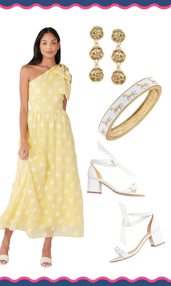 Yellow Kentucky Derby Outfit with Abbey Glass dress, Canvas Style Jewelry, Alexandre Birman shoes
