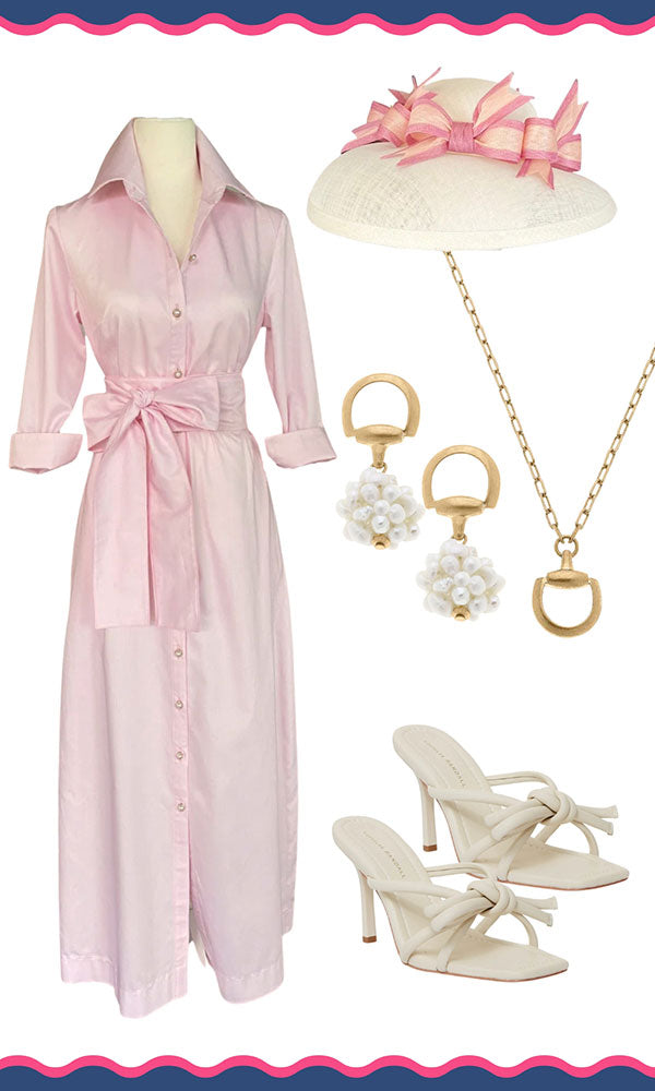 Pink Kentucky Derby outfit with Susan Albright dress, Amy Jo Originals Hats, Canvas Style Jewelry, Tuckernuck shoes