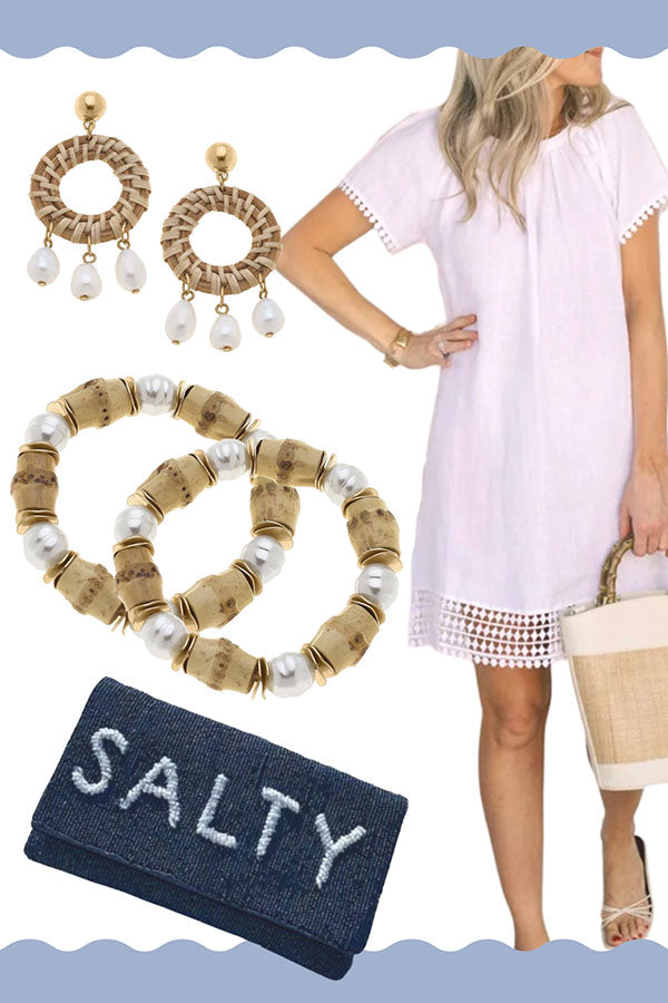 white resort look with wicker and bamboo canvas style jewelry