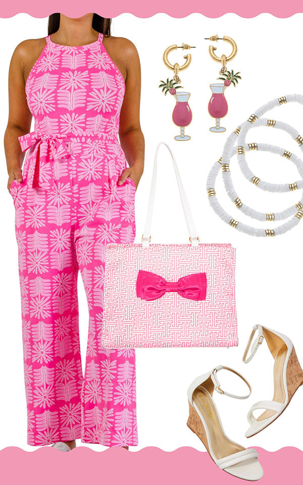 Pink and white resort outfit with canvas style daquiri earrings