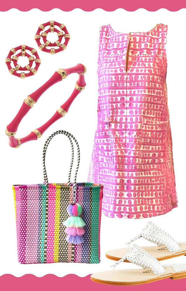 Fuchsia and white resort outfit with canvas style jewelry
