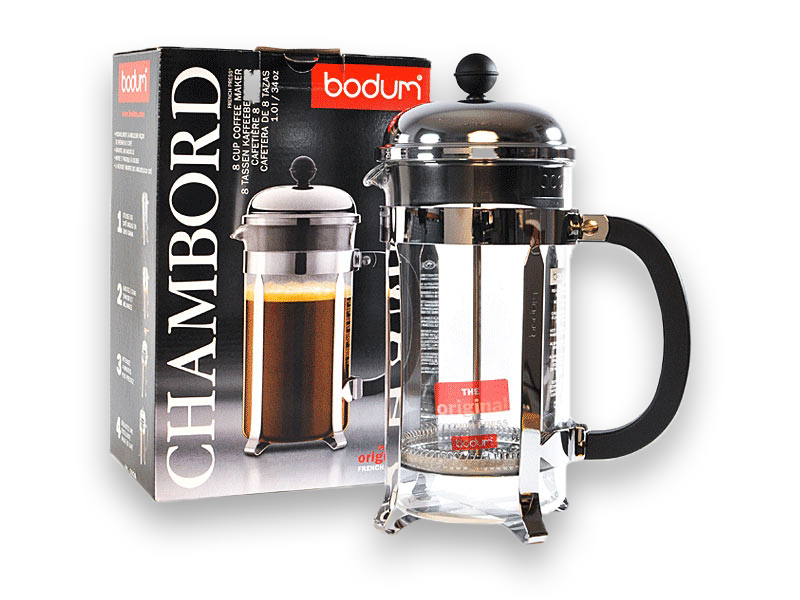 A photograph of the Bodum Chambord French Press displayed alongside it's packaging.