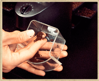 Fingers pinch coffee grounds to examine their consistency and size