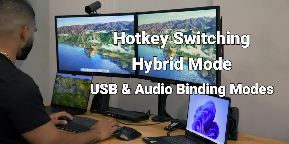 Avico Dual Monitor KVM Switch with Hotkey Switching, Hybrid Mode, and USB & Audio Binding for seamless control of multiple computers.