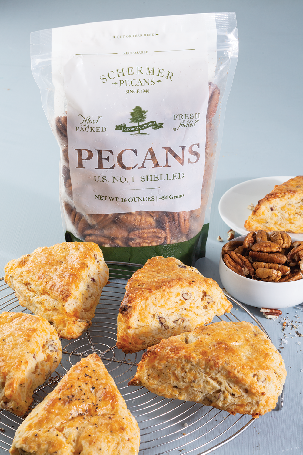Photo of scones with bag of pecans
