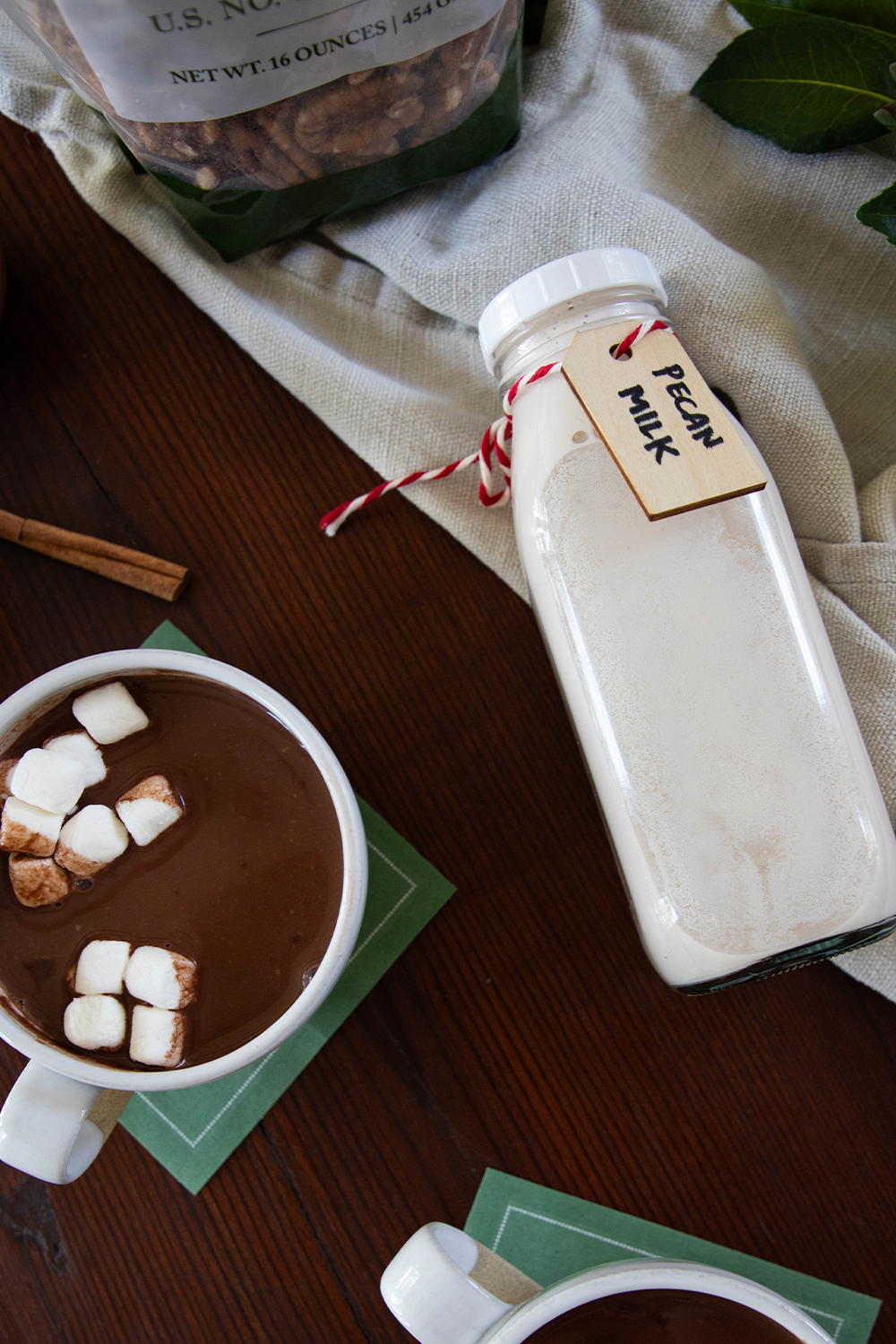 Pecan Milk next to a mug of hot cocoa