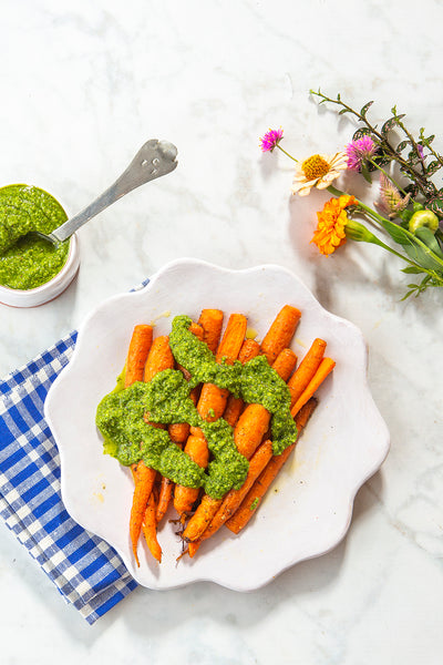 Roasted Carrots topped with Pesto