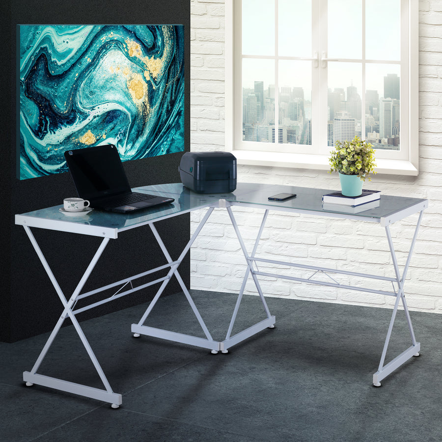 Techni Mobili L Shaped Glass Computer Desk White Flux Desk