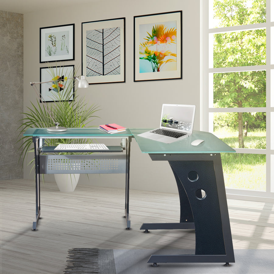 Techni Mobili Deluxe L Shaped Tempered Frosted Glass Top Computer