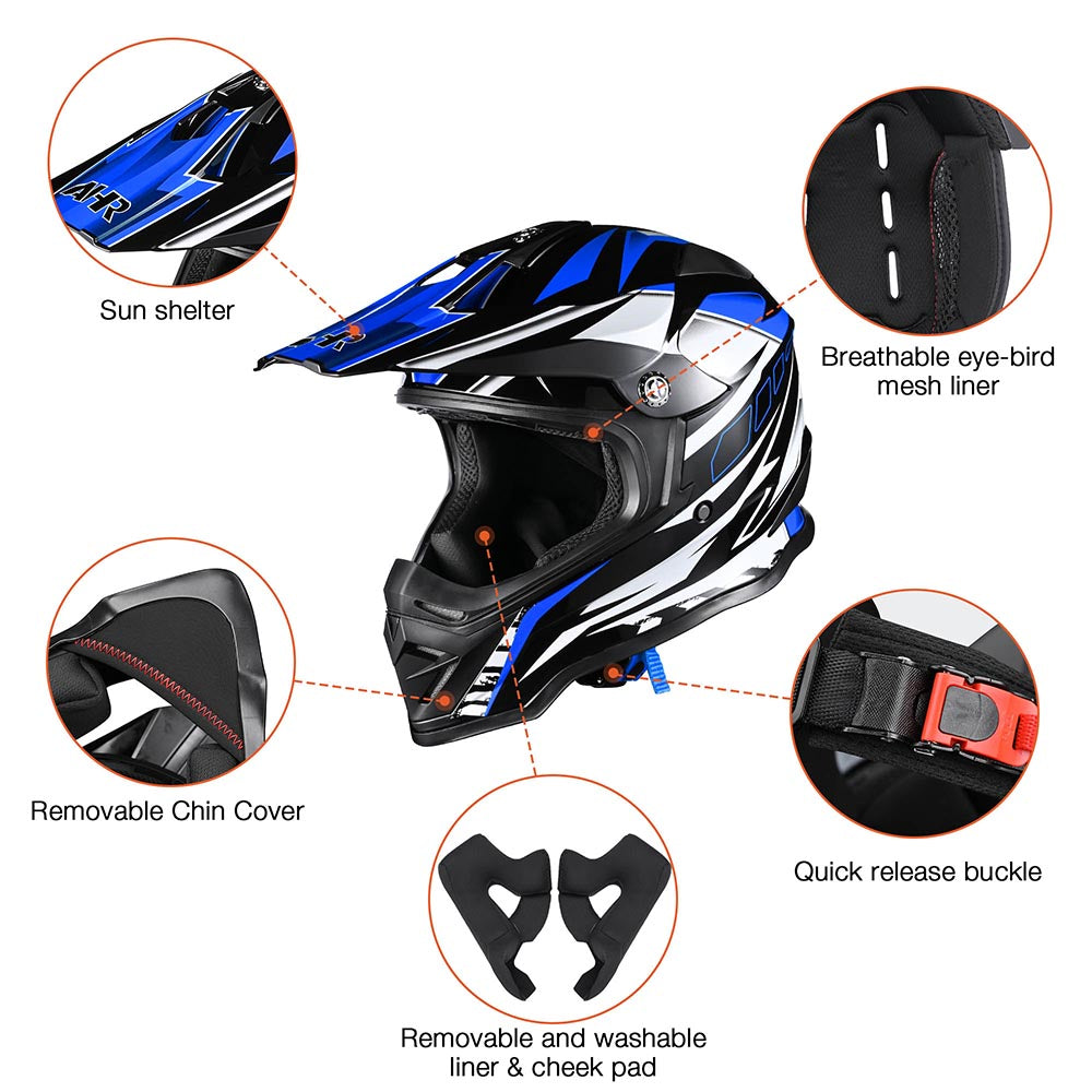 black and blue dirt bike helmet