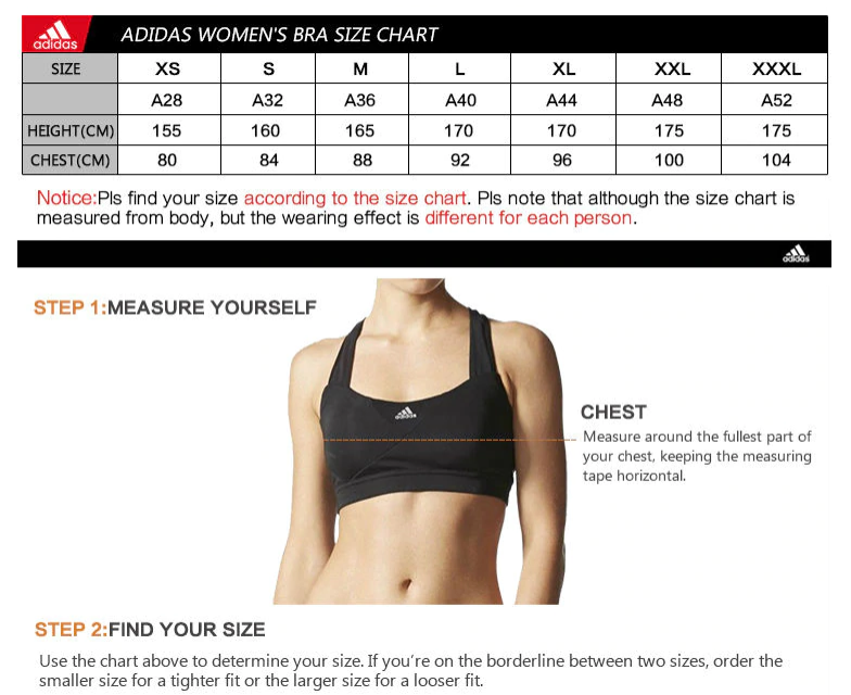 size chart sport bra adidas