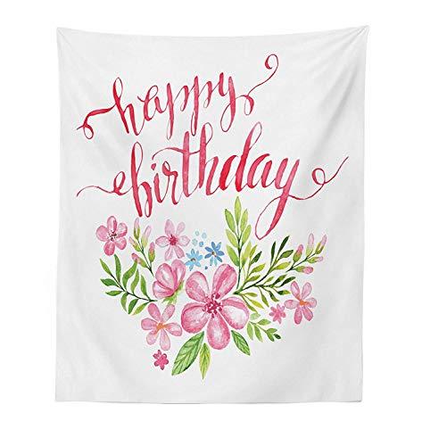 Soefipok Birthday Tapestry Hand Lettering Happy Birthday Slogan With Flowers And Leaves Fabric Wall Hanging Decor For Bedroom Living Room Dorm