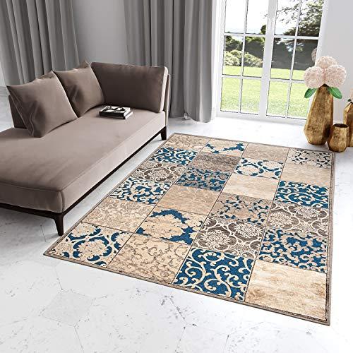 Tapiso Bohemian Oriental Area Rug Living Room Bedroom Blue Beige Vintage Patchwork Design Floral Pattern Durable Carpet Size 160 X 230 Cm 5ft3 X