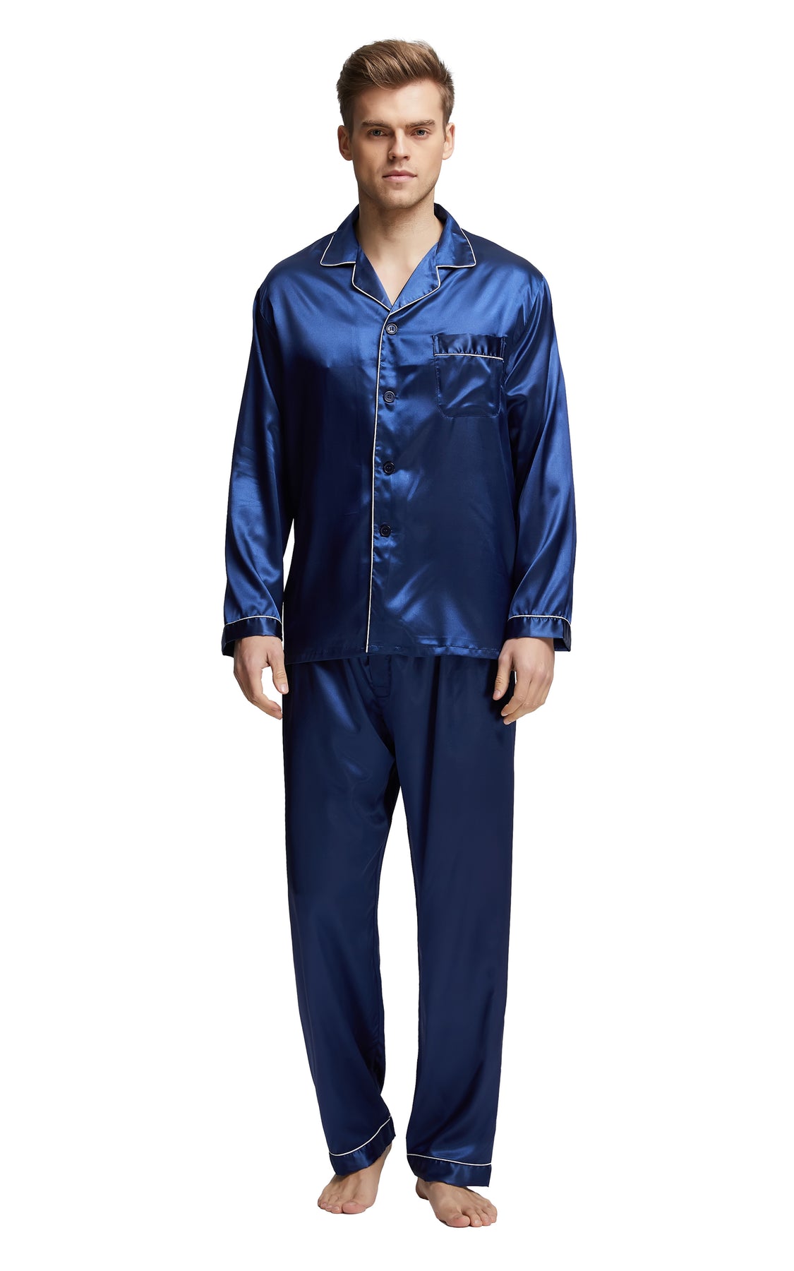 Mens Silk Satin Pajama Set Long Sleeve Navy Blue With White Piping Tony And Candice 4206